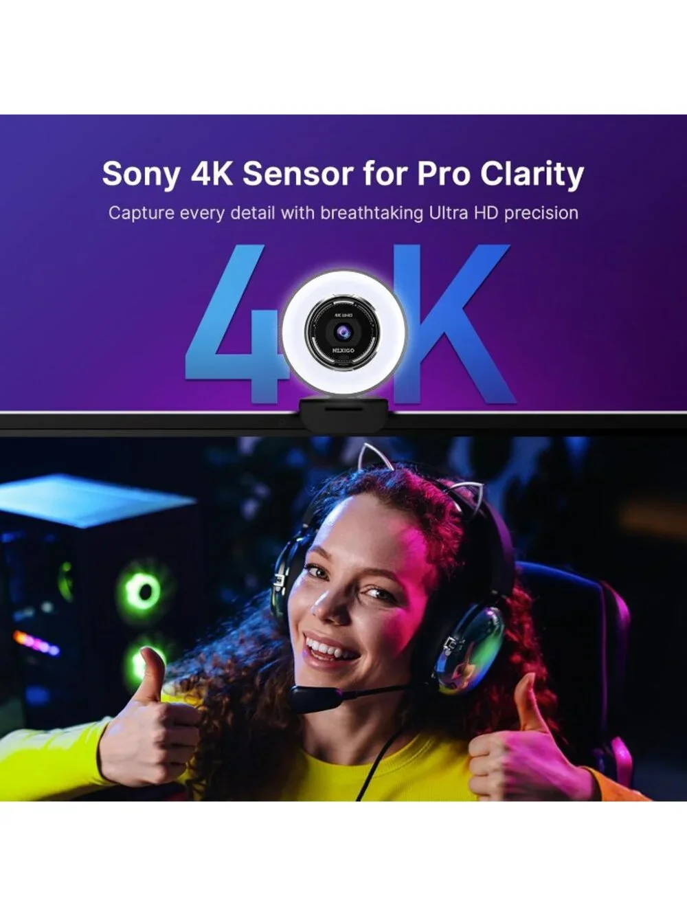 NEW NexiGo N680E Pro 4K Webcam with Ring Light, PDAF Autofocus, 1080p 60FPS